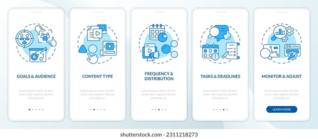 Haz que el calendario editorial sea azul a bordo de la pantalla de la aplicación móvil. Recorrido de marketing digital 5 pasos instrucciones gráficas editables con conceptos de línea. UX, plantilla GUI. Multitud de tipos de letra Pro-Bold, con uso regular