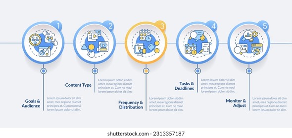 Make editorial calendar circle infographic template. Digital marketing. Data visualization with 5 steps. Editable timeline info chart. Workflow layout with line icons. Lato-Bold, Regular fonts used