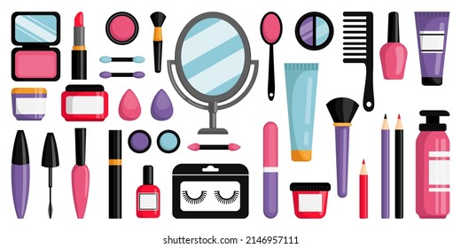 Make up element. Beauty cosmetic design product for lip, face and nail. Vector glamour female style makeup collection