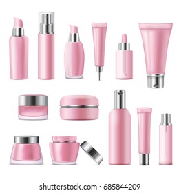 Make up empty bottles, cosmetics background. Skincare, beauty lifestyle. Vector illustration EPS 10.