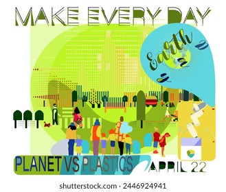 Make every day Earth Day!Celebrating Earth Day.Vector ecology concept.Happy Earth Day greeting card with children