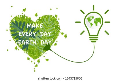 Make every day Earth Day. Eco green idea global think concept. map earth lamp and plug. vector illustration.