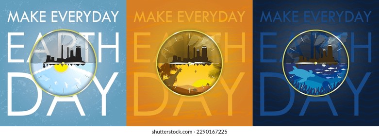Make everyday Earth Day Posters. Pollution designs for Earth Day. Clock is ticking concept with industrial pollution. Smog and waste from factories. Vector Illustration. EPS 10.