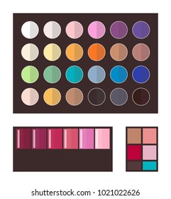 Make up and eyeshadows, collection of tones, palette of colors, cosmetics and products for ladies, vector illustration, isolated on white background