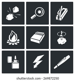 Make a fire, the fire source icons: stone on stone, magnifying glass, ignition, carving fire, fire, match boxes, lighter, lightning, Piezo lighters. Vector Illustration.