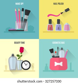 Make up flat icons. Square composition banners. Vector illustration for cosmetic design. Beauty style isolated on white background. Make-up artist objects. Makeup accessories for pretty woman.