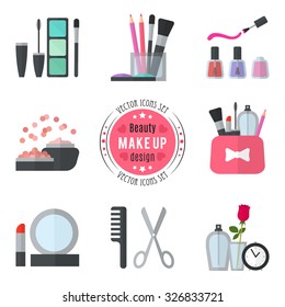 Make up flat icons. Vector illustration for cosmetic design. Beauty style isolated on white background. Make-up artist objects. Makeup accessories for pretty woman. Bright colors.