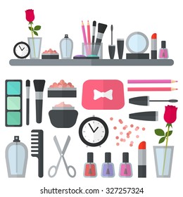 Make up flat icons. Vector illustration for cosmetic store. Beauty style isolated on white background. Make-up artist objects. Makeup accessories for pretty woman. Bright colors.