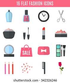 Make up flat icons. Vector illustration for cosmetic design. Beauty style isolated on white background. Make-up artist objects. Makeup accessories for pretty woman. Bright colors.