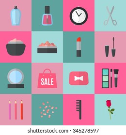 Make up flat icons. Vector illustration for cosmetic design. Beauty style isolated on retro chic background. Make-up artist objects. Makeup accessories for pretty woman. Bright colors.