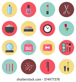 Make up flat icons. Vector illustration for cosmetic design. Beauty style isolated on retro chic background. Make-up artist objects. Makeup accessories for pretty woman. Retro colors.