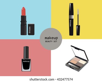 Make up flat icons. Vector illustration for cosmetic design. Beauty style. Makeup artist objects. Accessories for pretty woman. Bright colors.