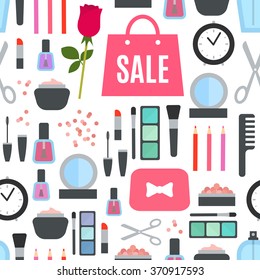 Make up flat pattern on white background. Vector illustration for cosmetic design. Beauty style isolated on white background. Make-up artist objects. Makeup accessories for pretty woman. Bright colors
