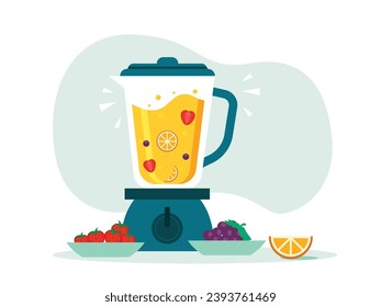 Make fresh juice by blending grapes, strawberries, oranges. healthy drinks. Character design. Vector flat illustration