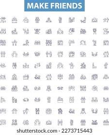 Make friends line icons, signs set. Connect, Mingle, Socialize, Acquaint, Network, Associate, Join, Unite, Interact outline vector illustrations.