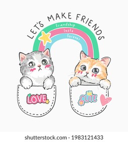 make friends slogan with cartoon cats couple in pockets vector illustration svg