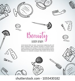 Make up hand drawn background. Doodle beauty items. Collection of brushes, nail polishes, lipsticks.