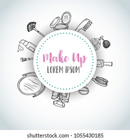 Make up hand drawn background. Doodle beauty items. Collection of brushes, nail polishes, lipsticks.