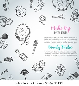 Make up hand drawn background. Doodle beauty items. Collection of brushes, nail polishes, lipsticks.