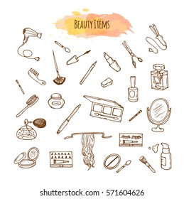 Make up hand drawn set. Doodle beauty items.