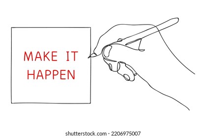 MAKE IT HAPPEN. Motivation message on paper. Positive slogan. Editable hand drawn contour. Sketch in minimalist style. Vector