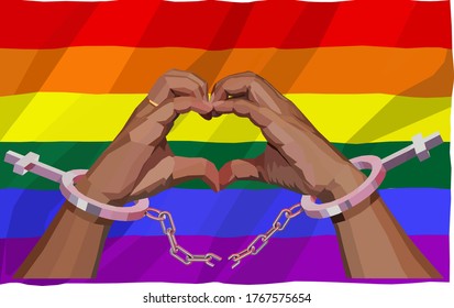 Make a heart shaped hand, showing your love on the background of the rainbow flag,Breaks the chain of gender, symbol of the community, equal rights.