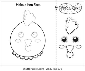 Make a hen face funny game in black and white for kids. Cut and glue educational activity page in outline. Matching game with chicken animal. Vector illustration