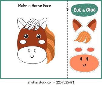Make a horse face funny game for kids. Cut and glue educational activity page. Matching game with farm character. Vector illustration