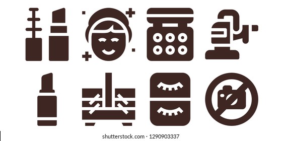  make icon set. 8 filled make icons. Simple modern icons about  - Lipstick, Make up, Sewing box, Makeup, Eyelash, Eye shadow, No photo, Polisher