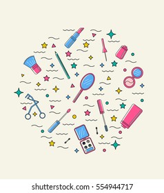 Make up illustration. Line style. Different make up and cosmetic elements in circle. Ideal for beauty salon, make up studio advertisement.