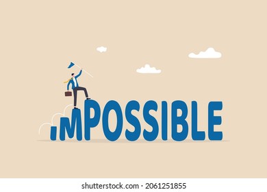 Make impossible success possible, optimistic or creativity to help achieve business goal, challenge to solve hard problem concept, confidence businessman step up on the word IM to achieve possible.