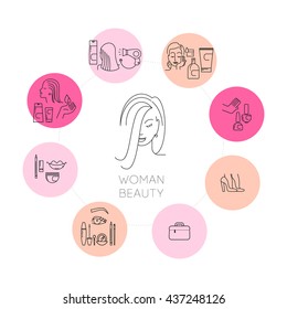 Make Up Instruction. Lady Using Cosmetic Moisturizer Cream Illustration, Woman Profile Portrait. Vector Collection Of Flat Simple Cosmetic Icon Isolated. Beauty Icons. Liner Icon Set. Cosmetic Icons.