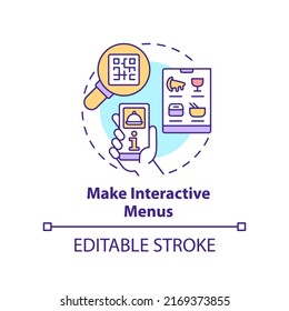 Make interactive menus concept icon. Way of making restaurant special abstract idea thin line illustration. Digital menu. Isolated outline drawing. Editable stroke. Arial, Myriad Pro-Bold fonts used