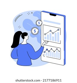 Make investments isolated cartoon vector illustrations. Woman with smartphone using banking app, money investing, business people, trading idea, peer-to-peer network vector cartoon.
