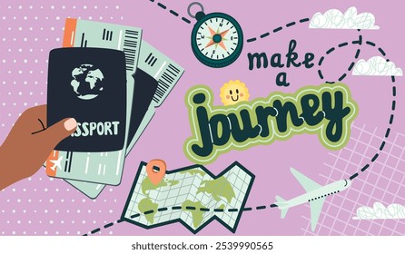 Haga una Plantilla de Anuncio de viaje con brújula de viaje, avión de pasajeros, mano que sostiene pasaportes y boletos, mapa del mundo, texturas, nubes y texto escrito a mano. Conjunto de diseños de Vector. Ilustración en color plano.