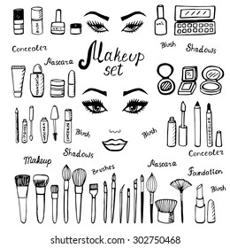 Make up kit. Doodle makeup set. Collection of brushes, nail polishes, lipsticks and etc. from make up artist kit. EPS10 vector illustration.