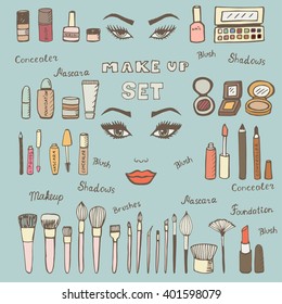 Make up kit. Doodle makeup set. Collection of brushes, nail polishes, lipsticks and etc. from make up artist kit. Hand drawn make up set. EPS10 vector illustration.