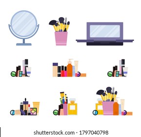 Make up kit. Vector flat illustrations. Set of different cosmetic products for professional make up.