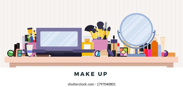 Make up kit. Vector flat illustrations. Decorative cosmetics on the table against a white wall.