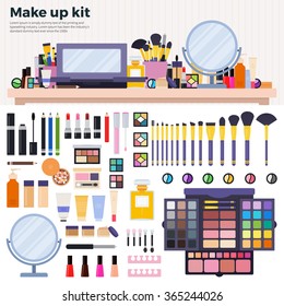 Make up kit vector flat illustrations. Decorative cosmetics on the table in the beauty shop. Beauty and make up concept. Lipsticks, palette of eyeshadow, parfume, powder isolated on white background