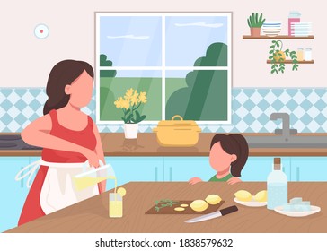 Hacer limonada en la ilustración vectorial de color plano. Madre e hija preparan una bebida de verano. Niño ayuda a cortar limón. Personajes de caricatura 2D familiar con interiores de cocina en segundo plano