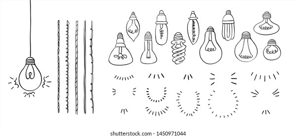 Make a light bulb hand drawn set with bulbs, wires and lighting, concept of idea, doodle style, constructor, vector illustration.