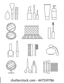 Make up line icon Cosmetics and beauty  set in thin line style lipstick shadow concealer Beautyblender  eye mascara  nail varnish brushes for a make-up