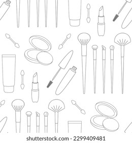 Make up line icons of different cosmetic products. Vector seamless pattern. Black line elements on white background. Best for textile, wrapping paper, package and home decoration.