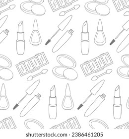 Make up line icons of different cosmetic products. Vector seamless pattern. Black elements on white background.