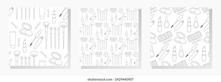 Iconos de la línea del maquillaje de diferentes productos cosméticos. Colección de patrones sin fisuras vectoriales. Elementos negros sobre fondo blanco.