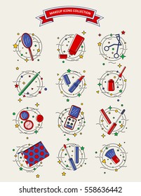 Make up line icons. Different make up and cosmetic elements.