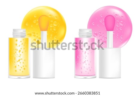 Make up lip gloss oil mockup isolated, transparent background, moisturizing yellow, pink liquid lipstick 3d plastic tube vector packaging bottle, brush with clear swatch droplet. Beauty treatment.