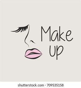 Make up logo, beauty face with lips and one eye, make up girl illustration