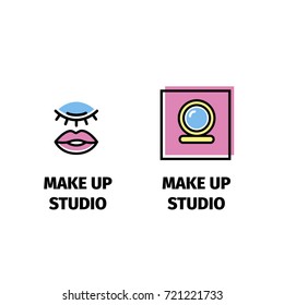 make up logo for beauty studio. make up logo for beauty artist.  make up of eyes. label of beauty artist or visage. glamour eyes  label. memphis logo. memphis style. memphis design